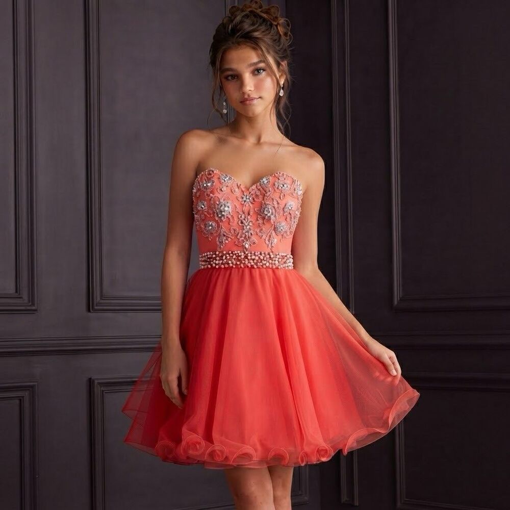 My Michelle Girls Strapless Dress Sz 1 Juniors Coral Pink Gem Prom Formal Dance